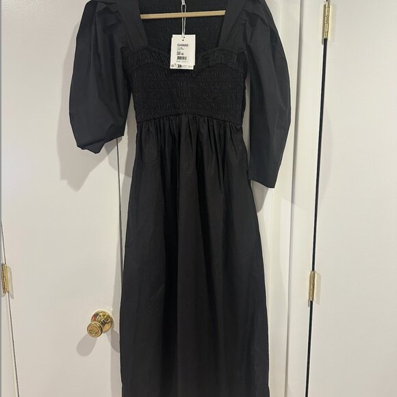 Ganni Black Cotton Poplin Open-Neck Smock Dress - Picture 2 of 4